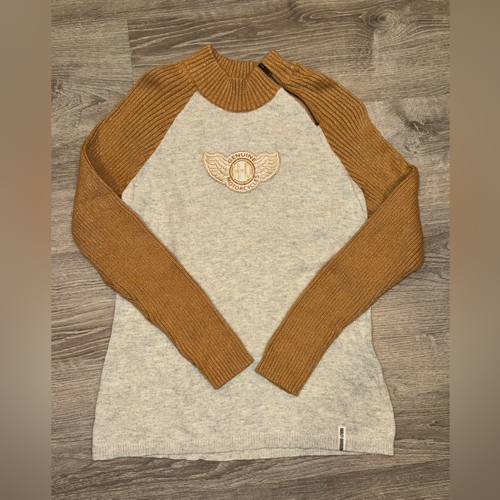 Harley Davidson Logo Cream Gold Knit Lightweight Sweater Women's Size XL
